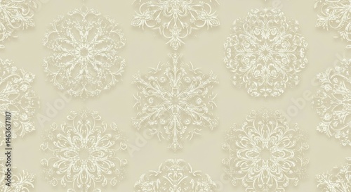 Repeating Ornamental Pattern with Delicate Floral Motifs on Beige Background