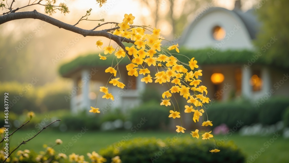 Obraz premium A graceful tree branch decorated with colorful yellow blossoms in a beautiful natural setting