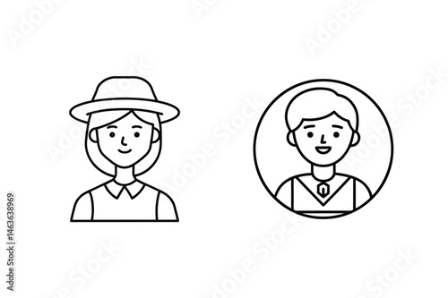 Two outline avatars of a woman wearing a hat and man in a circle for profile pictures
