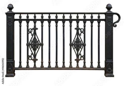 Ornate black iron railing with decorative floral designs against a white background, isolated
