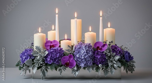 Candle Arrangement with Purple Flowers and Silver Accents