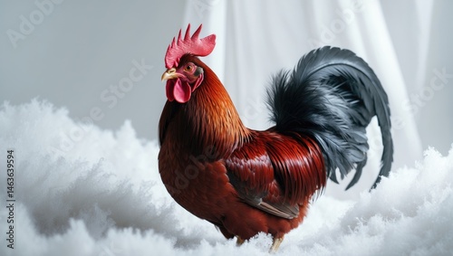 Magnificent red cockerel standing proudly on a white backdrop