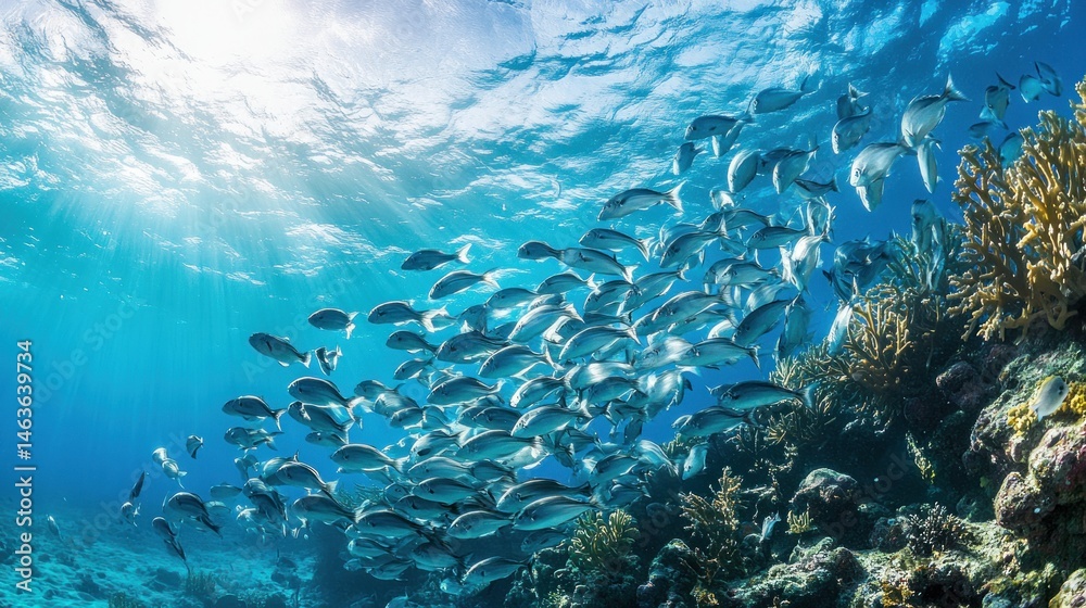 Fototapeta premium underwater seascape showcasing a school of fish swimming near a vibrant coral reef with sunlight filtering through the water's surface creating a dazzling display of light and shadow