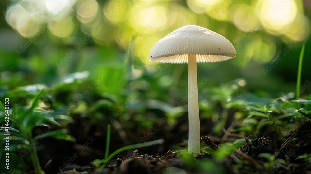 Fototapeta premium A fresh, small, and delicate common mushroom with a smooth white cap and slender stem.
