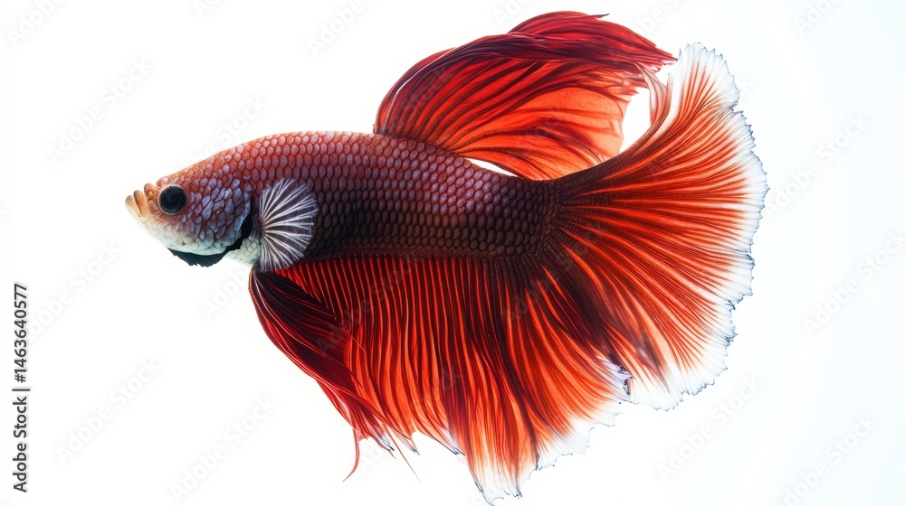 Captivating close-up of a vibrant red betta fish against a clean white background Captivating close-up of a vibrant red betta fish against a clean white background