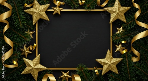 Festive Star and Ribbon Frame with Evergreen Sprigs on Black Background