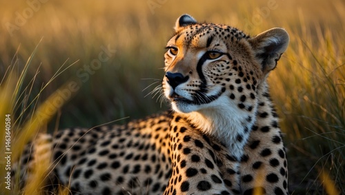 Wild cheetah in Kenya's grassland landscape, panting with eyes shut after wildlife activity.