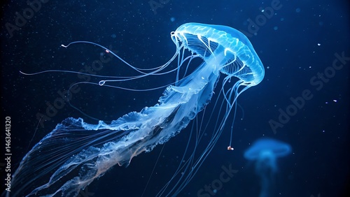 Bioluminescent jellyfish glowing against a dark background, creating a mesmerizing and ethereal oceanic scene, perfect for marine life art, underwater themes, and nature photography