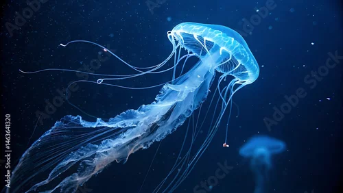 Obraz Bioluminescent jellyfish glowing against a dark background, creating a mesmerizing and ethereal oceanic scene, perfect for marine life art, underwater themes, and nature photography