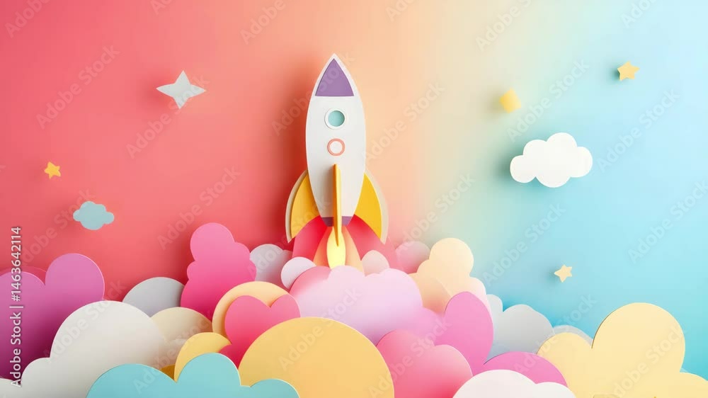 Colorful Paper Rocket Launching Through Pastel Cloudscape Dreamy Startup Success Concept