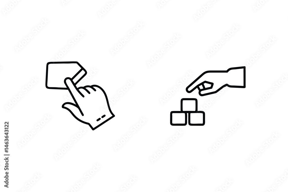 Hand interacting with a credit card and hand building with blocks simple line art icons Hand interacting with a credit card and hand building with blocks simple line art icons