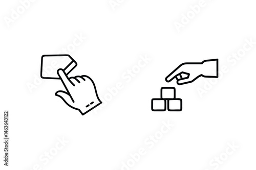 Hand interacting with a credit card and hand building with blocks simple line art icons