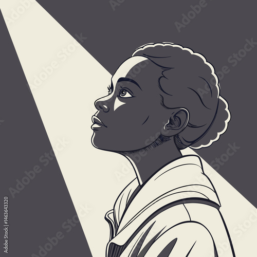 Elegant portrait of a woman gazing upwards in artistic light and shadows
