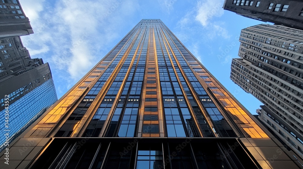 Naklejka premium A dramatic upward view of a towering high-rise office building, its sleek glass facade reflecting the blue sky, set in the heart of a bustling financial district 