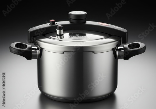 Close-up of a shiny stainless steel pressure cooker with black handles and a lid on a dark background