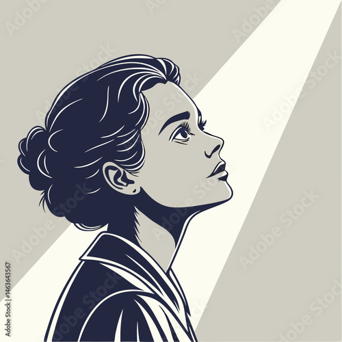 Elegant woman gazing upward in a retro monochrome illustration