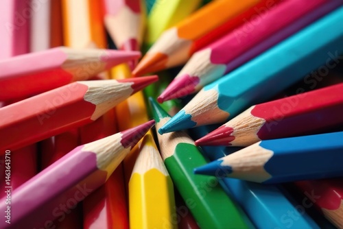 Close-up of assorted colored pencils, sharp points, texture, graphite