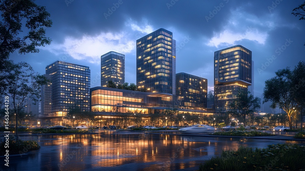 A dynamic evening scene of a modern office complex, the buildings' illuminated windows and sleek designs standing out against the dusk sky A dynamic evening scene of a modern office complex, the buildings' illuminated windows and sleek designs standing out against the dusk sky