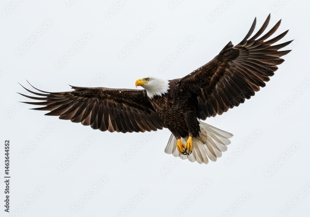 Fototapeta premium Bald eagle soars gracefully through the air against a bright, overcast sky with wings spread wide