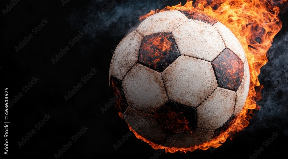 Fototapeta premium Fiery soccer ball engulfed in flames against dark backdrop.