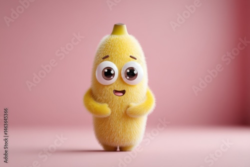Cute Fuzzy Banana Character with Big Eyes, 3D Illustration, Illustration