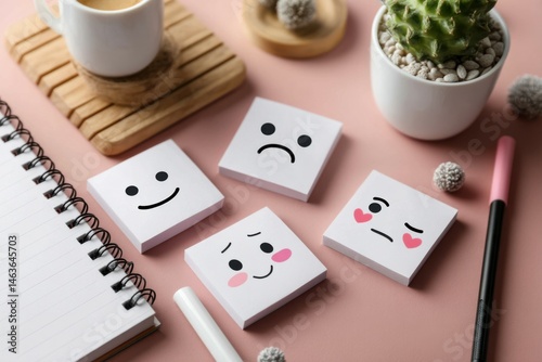 Emojis on Sticky Notes: Desk Organization, Pink Background, Stationery Mockup, Graphic Resource