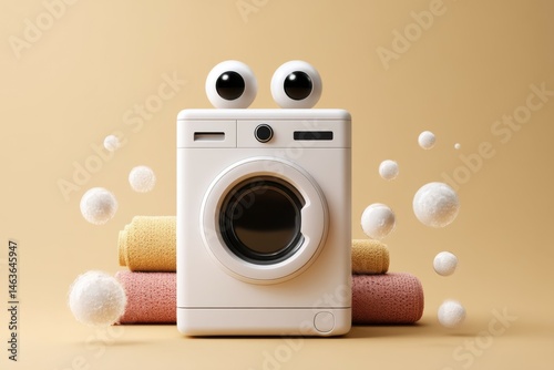Whimsical Washing Machine with Googly Eyes, Laundry Day Mockup, 3D Illustration, Home Appliances