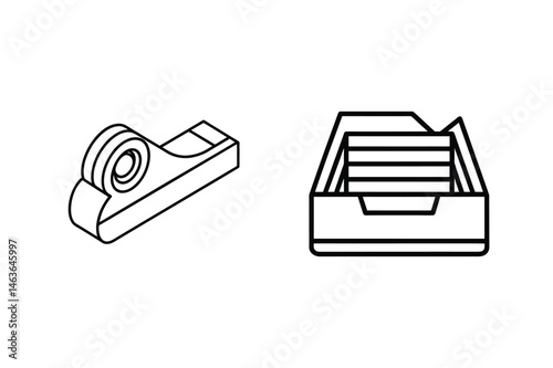 Outlined isometric view of tape dispenser and stationery filing tray with a clean white background