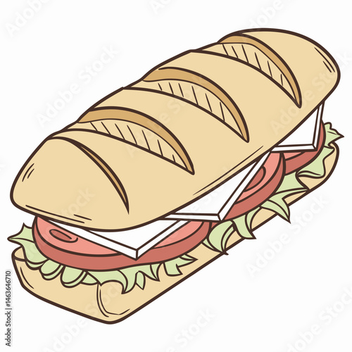 Deliciously illustrated sandwich featuring cheese tomatoes and fresh green lettuce for a light meal