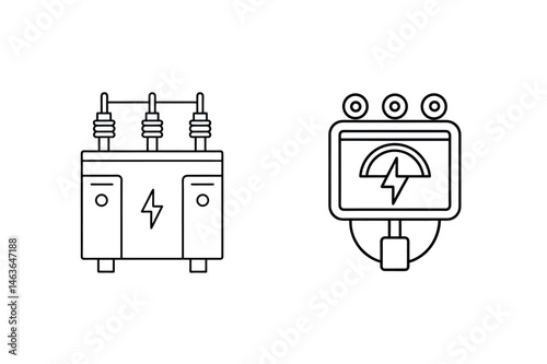 Illustrated electric power elements depicting transformer and power meter display with bolt symbol