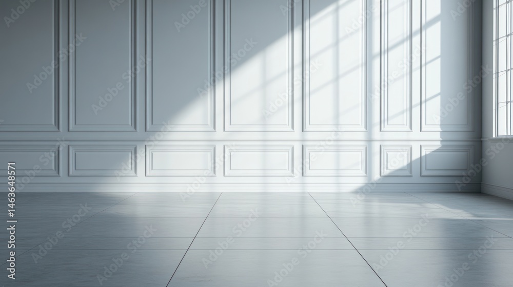 Fototapeta premium Sunlit room with white paneled walls and gray tile floor