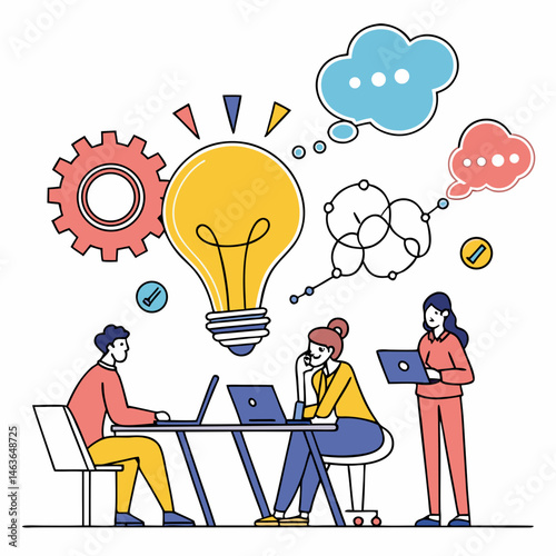 Collaborative team generating ideas and solutions using technology and brainstorming