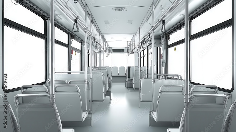 Obraz premium Interior view of an empty public transit bus with rows of seats