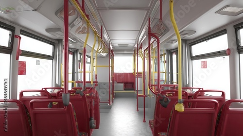Interior view of empty city bus with red seating and yellow poles