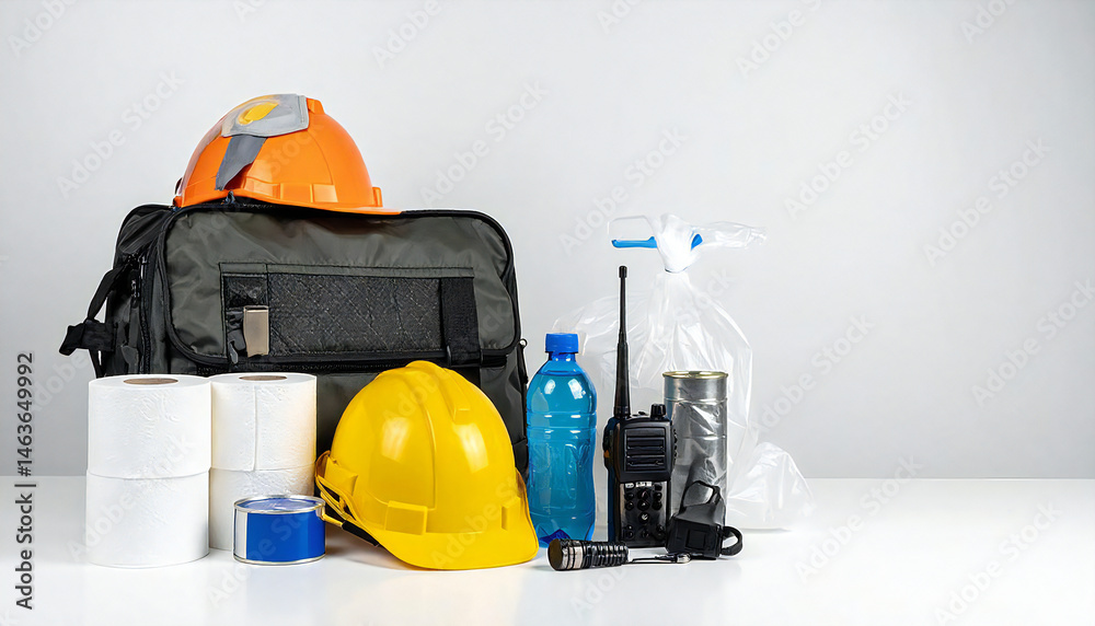 Fototapeta premium 防災バック、水の入ったペットボトル、ヘルメット、缶詰、トイレットペーパー、懐中電灯、防災ラジオ、簡易トイレ、透明なごみ袋、防災用品一式。A disaster prevention bag, a plastic bottle of water, a helmet, canned food, toilet paper, a flashlight, a disaster prevention radio