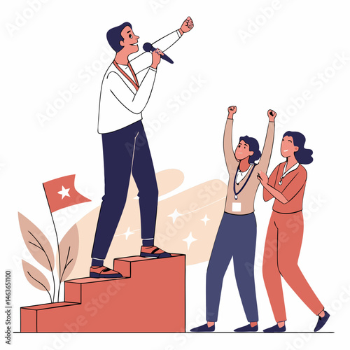 A leader on stage inspiring team members with cheering and celebration.