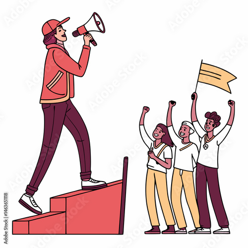 Team leader addressing group with megaphone standing on stairs demonstrating leadership