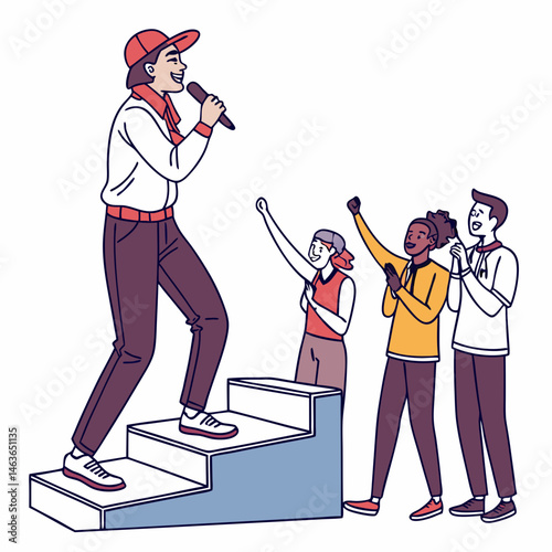 Singer performing on stage with enthusiastic audience cheering with excitement and joy.