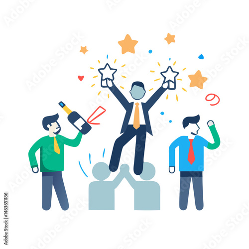 Business team celebrating success with stars champagne and high fives vector illustration