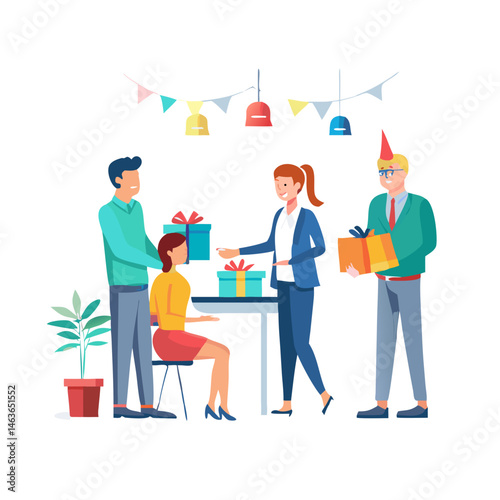 Office celebration scene with present giving and birthday party festivities