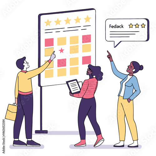 Team reviewing customer feedback and ratings on a display board with illustrations