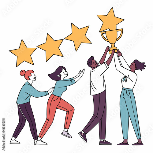 Team celebrating success with trophy and stars showing appreciation for achievement