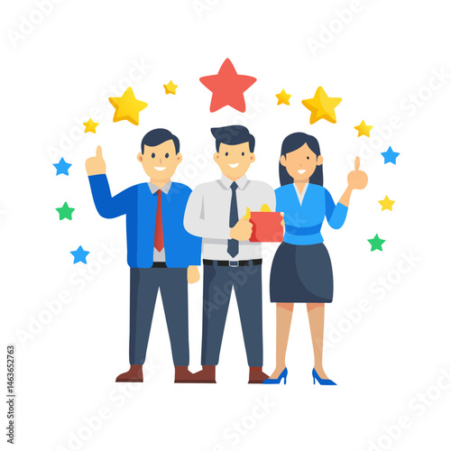 Successful business team celebrating achievement with stars and positive attitudes