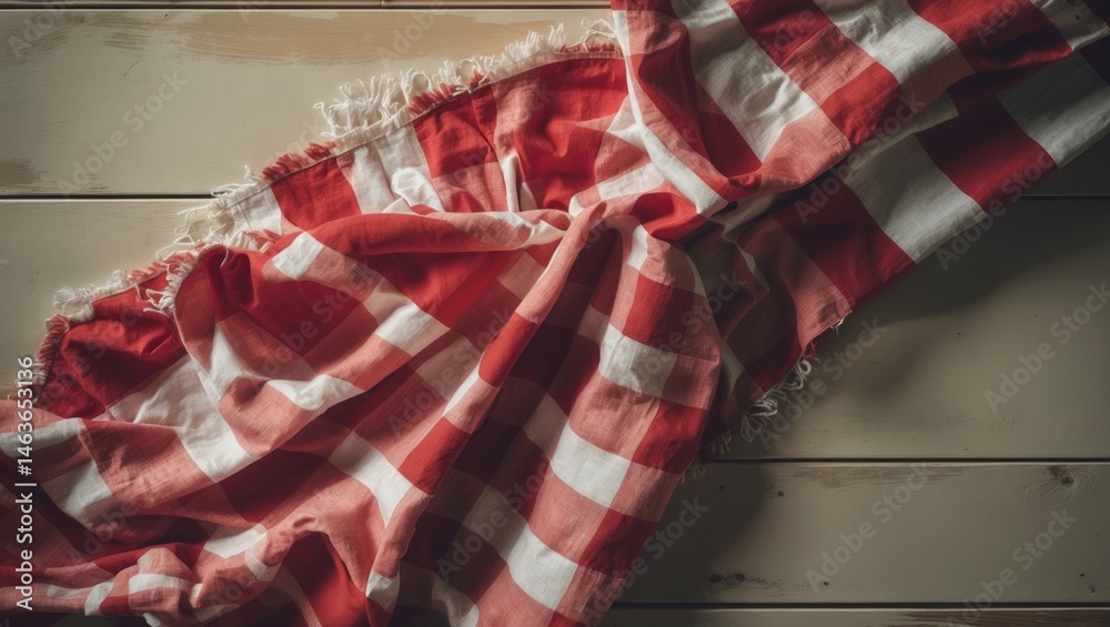 Naklejka premium Crumpled checkered fabric draped over a rustic wooden table, space reserved for text