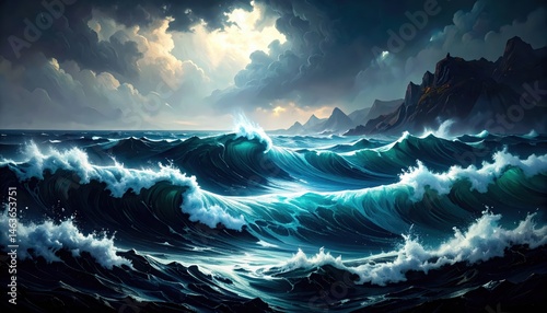 Dramatic seascape with turbulent waves crashing against rocky shore under stormy clouds and sunlight breaking through