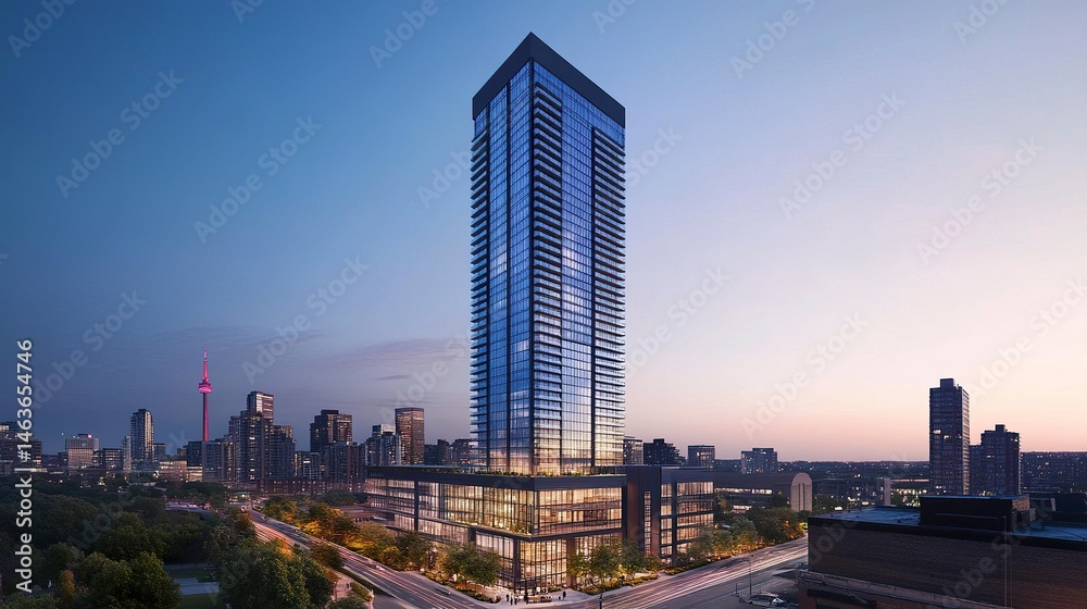 Naklejka premium A minimalist high-rise with a bold glass facade and sleek edges, standing out as a beacon of success in a thriving business district 
