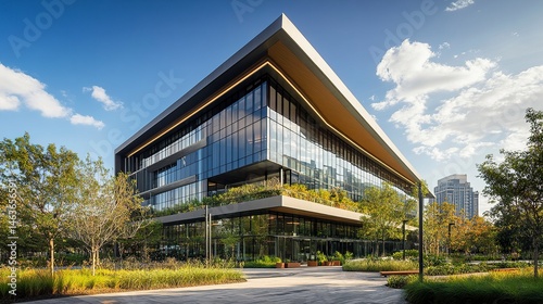 A modern corporate hub with a sleek  angular office building at its center  surrounded by urban greenery and a dynamic cityscape 