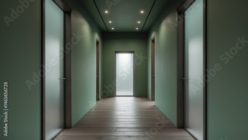 Modern minimalist hallway with green walls, recessed lighting, and wooden flooring for a home interior