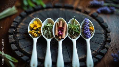 Closeup of four spoons of dried herbal tea with floral and fruit notes for health photo