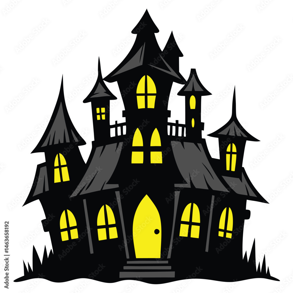Cartoon Haunted House with Yellow Windows and Twisted Architecture Isolated on White Background
Cartoon Haunted House with Yellow Windows and Twisted Architecture Isolated on White Background